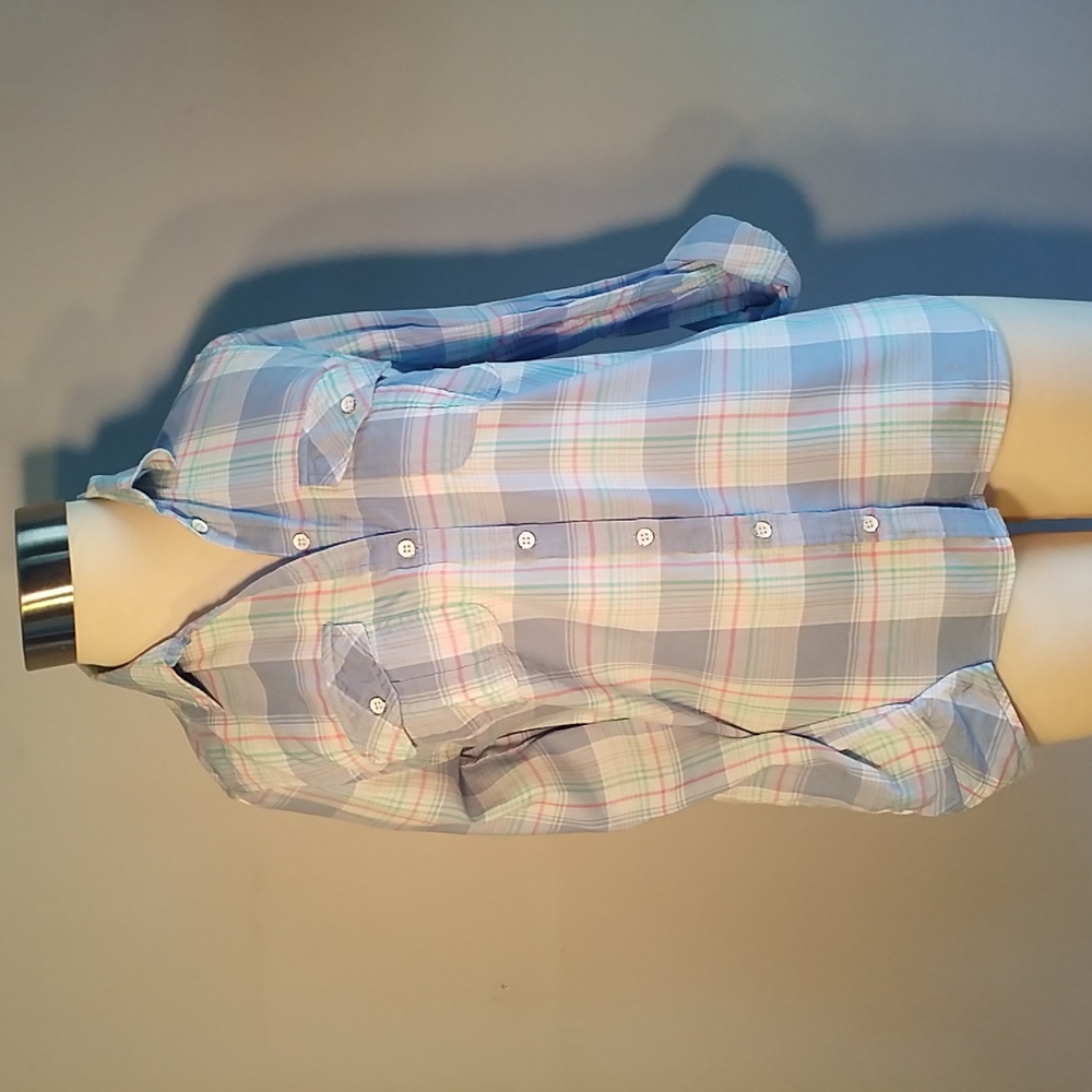 3/$25 SONOMA Plaid Button Down SHIRT S Blue Pink Green Roll Sleeve